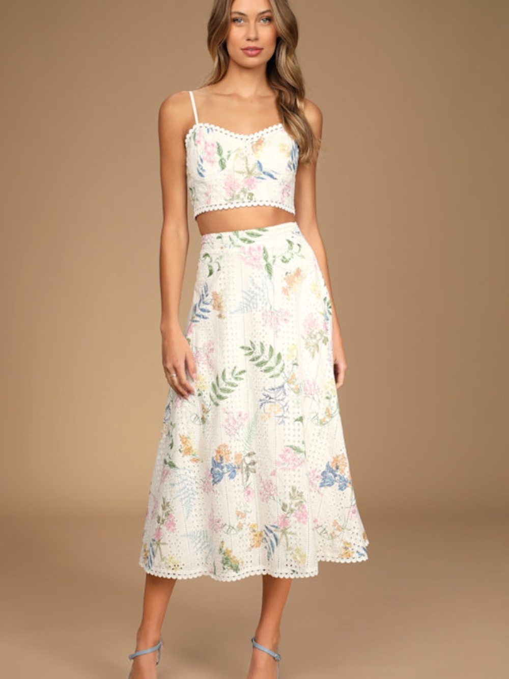Lulus Sweet At Heart White Floral Embroidered Two-piece Midi Dress - Size XS